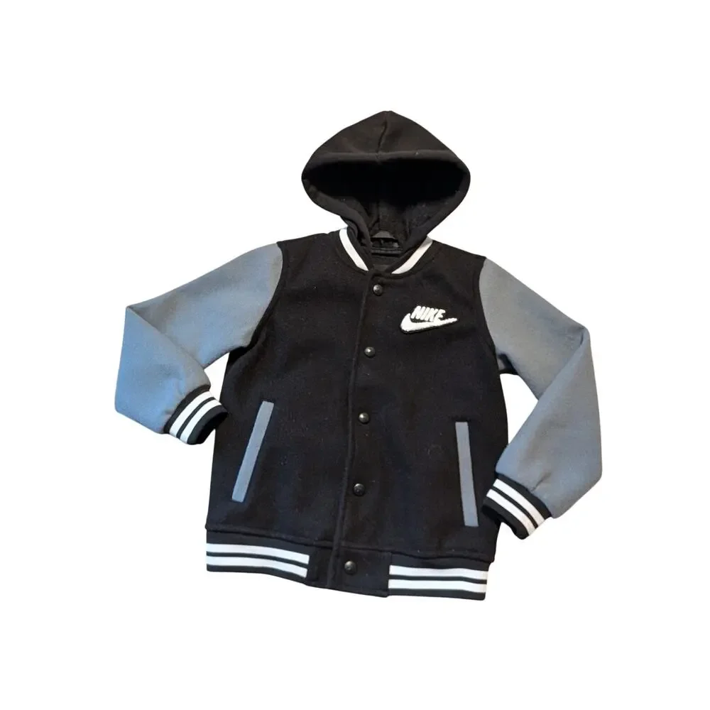 Nike Boys 4T Black Gray Color Block Hooded Varsity Jacket Futura Swoosh Coat